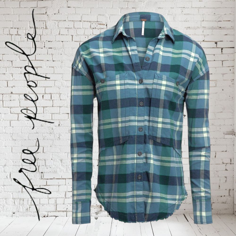 FREE PEOPLE Small Loveland Plaid Button Down Shirt Winter Sea Oversized Fray Hem - Picture 2 of 14